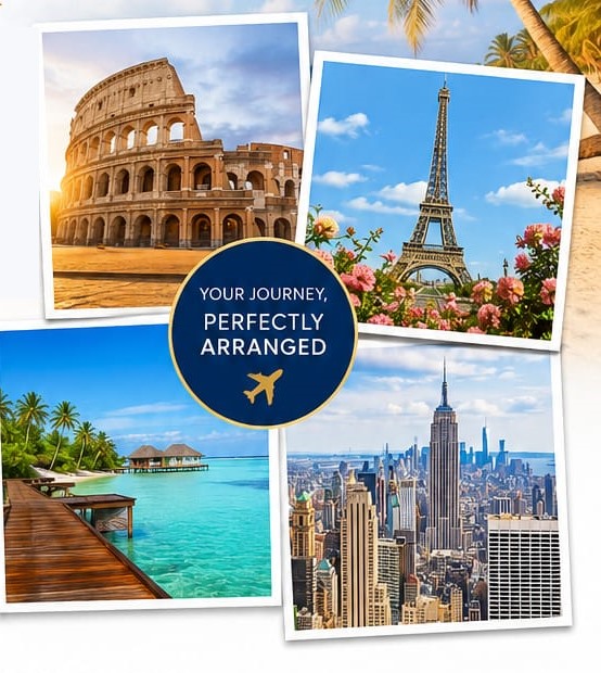 Travel destinations: the Colosseum in Rome, the Eiffel Tower in Paris, an overwater resort in the Maldives and the New York City skyline — your journey, perfectly arranged